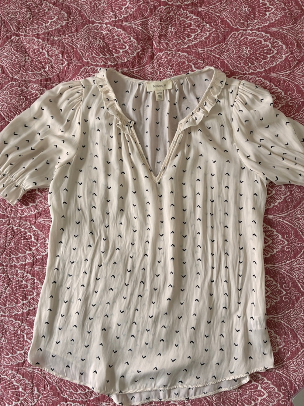 Cream Ruffle V-Neck Blouse with Navy Micro-Print